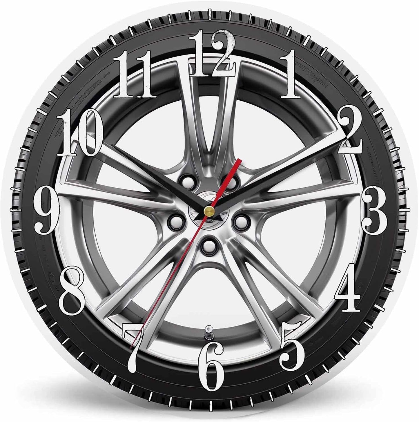 Mxocom Wheel Wall Clock Modern Car Wheel Black Tyre 10 Inch Silent Non Ticking Battery Operated Clock Vintage Round Clock for Living Room Bedroom Bathroom Office Decor