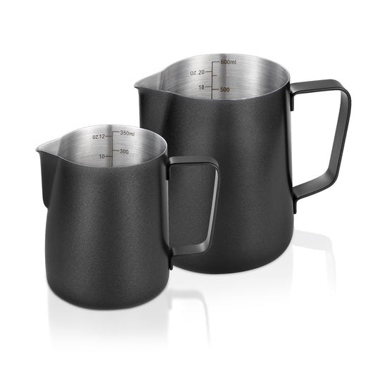 2 Pack Matte Black Milk Frothing Pitcher, 12oz/350ml & 20oz/600ml Espresso Steaming Pitcher, Stainless Steel Milk Frother Steamer Cup, Perfect for Espresso Coffee Cappuccino Latte Art