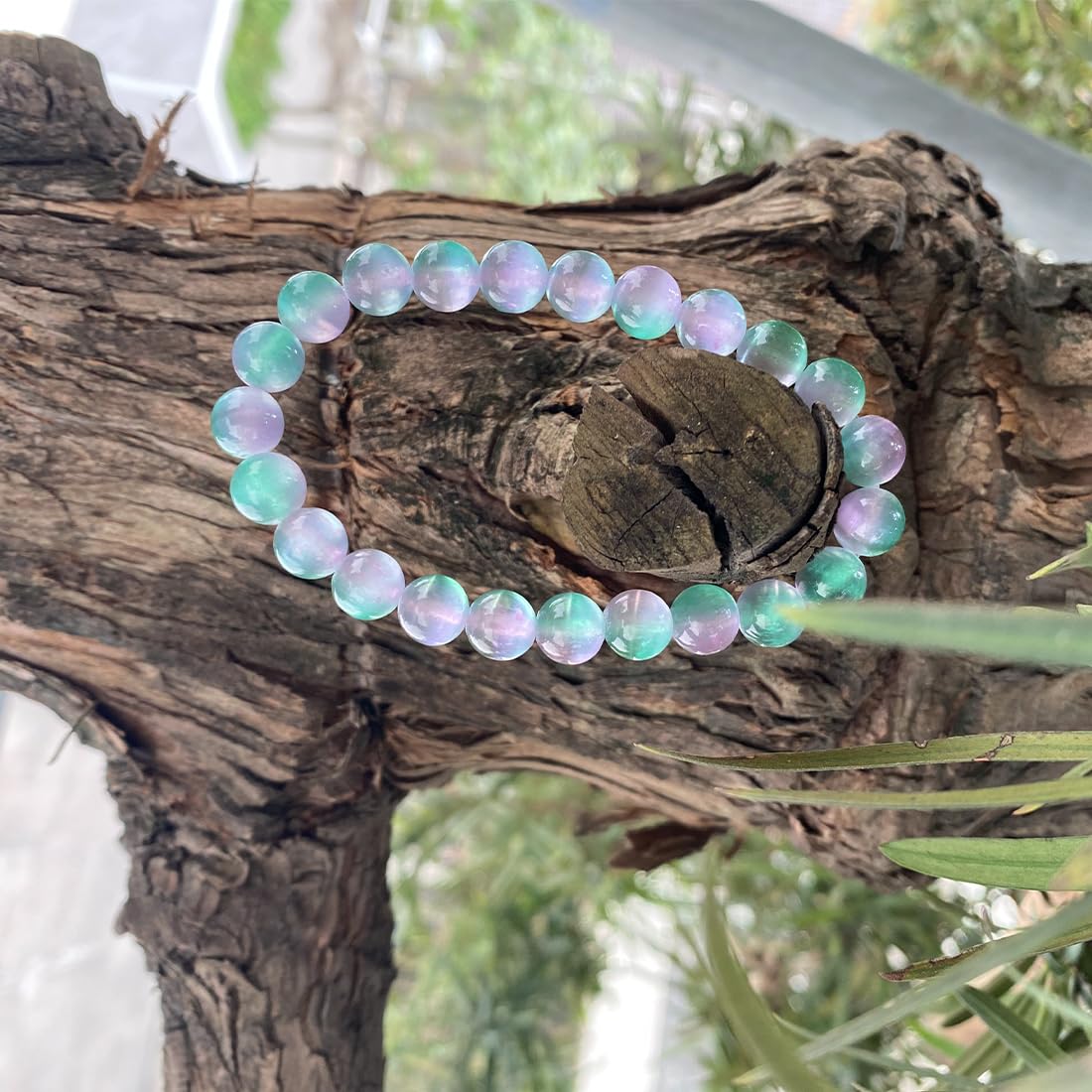 8mm Selenite Bracelet | Color-Coated Purple and Green Natural Crystal | Handmade Meditation Bracelet for Women Men | Iridescent Rainbow Effect | Beading Tool Kit - Adjust to 6.5-7.5 inch Wrist Size
