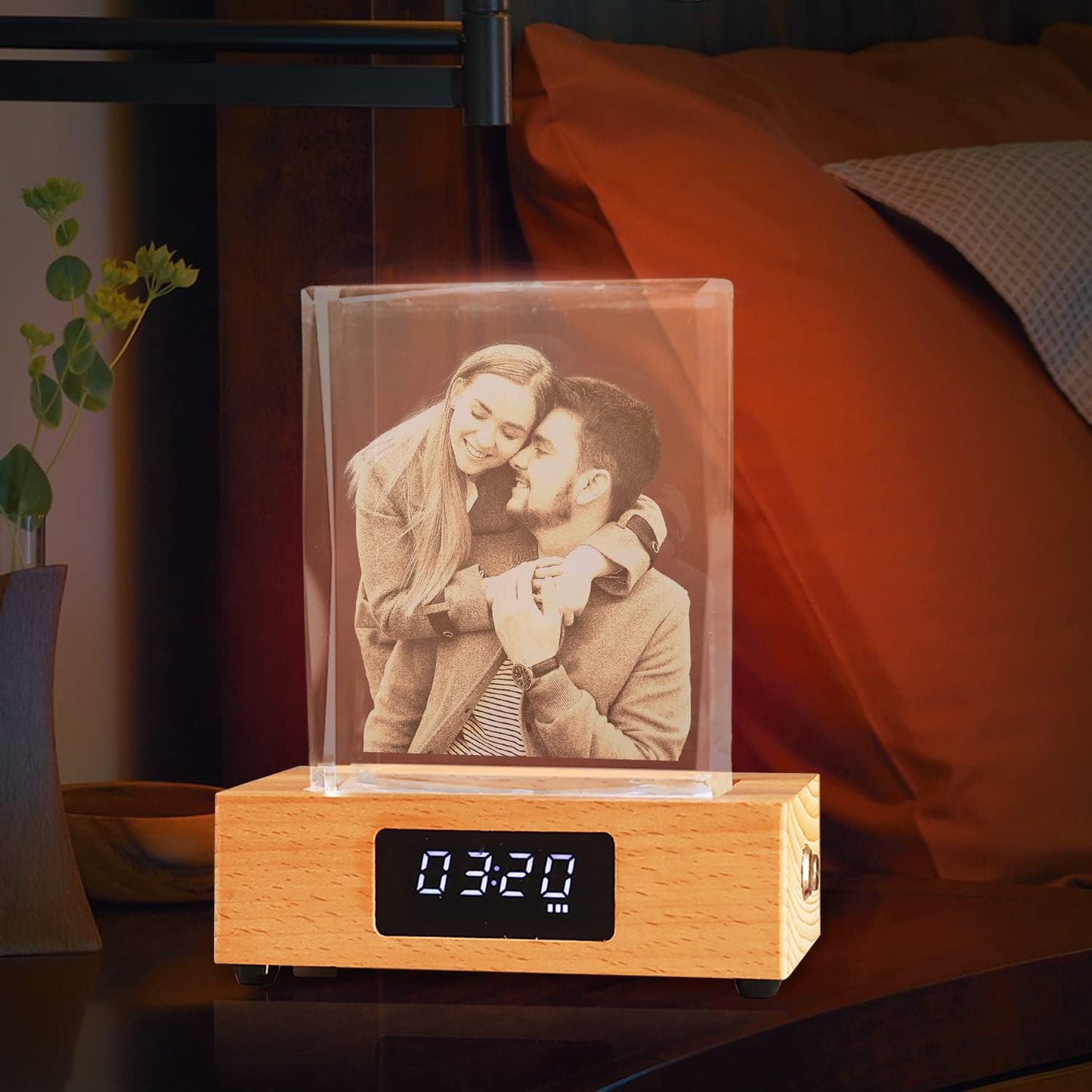 Personalized Rectangular Night Light 3D Crystal Light Custom Photo Engraving LED Light Color Change with Clock Base Personalized Gift Men Women Home Christmas Decoration