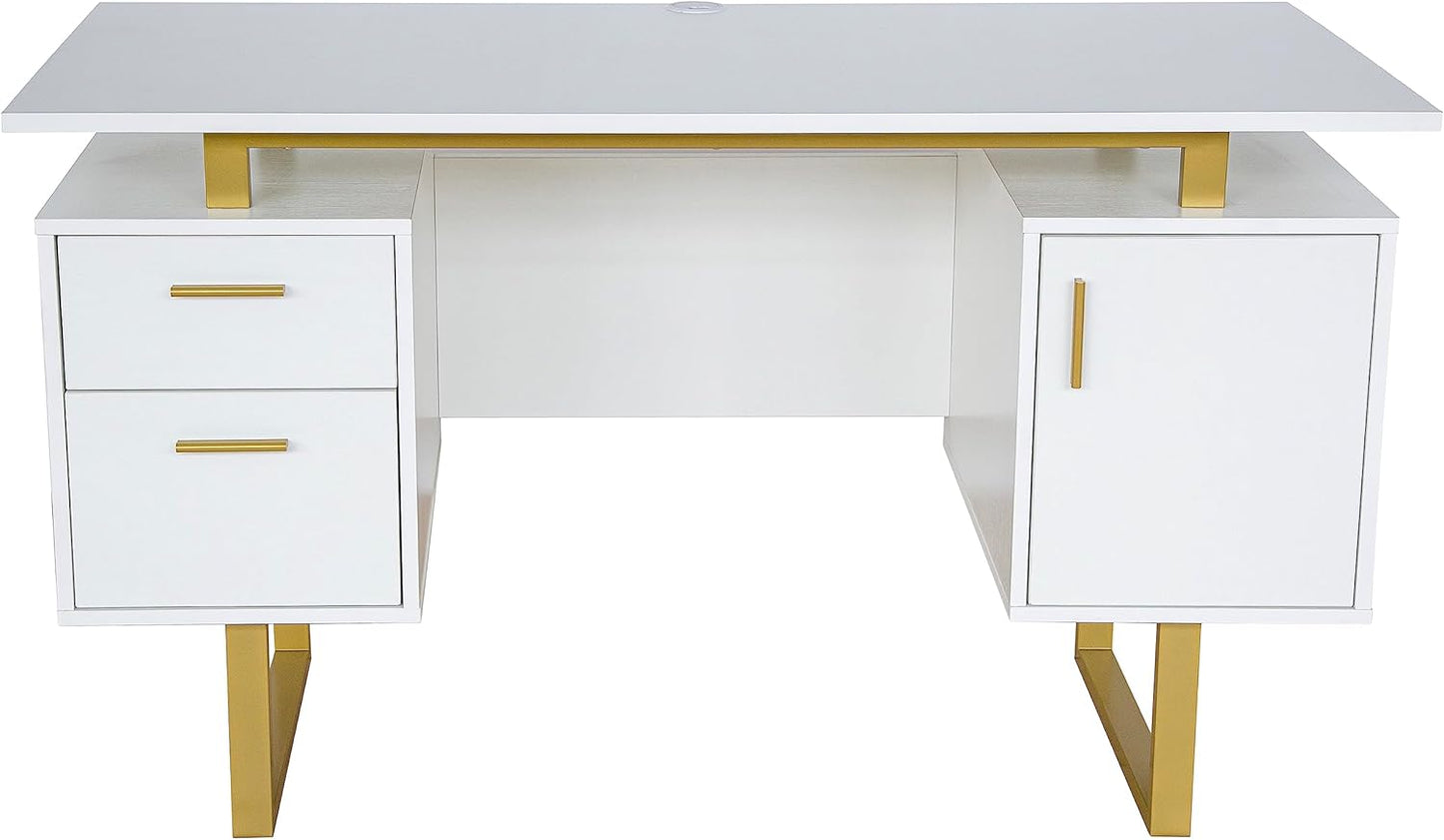 Techni Mobili Storage Drawers and Cabinet 51.25” W-Modern Office Large Floating Desktop Surface Desk, 23.6" D x 51.2" W x 29.8" H, White/Gold