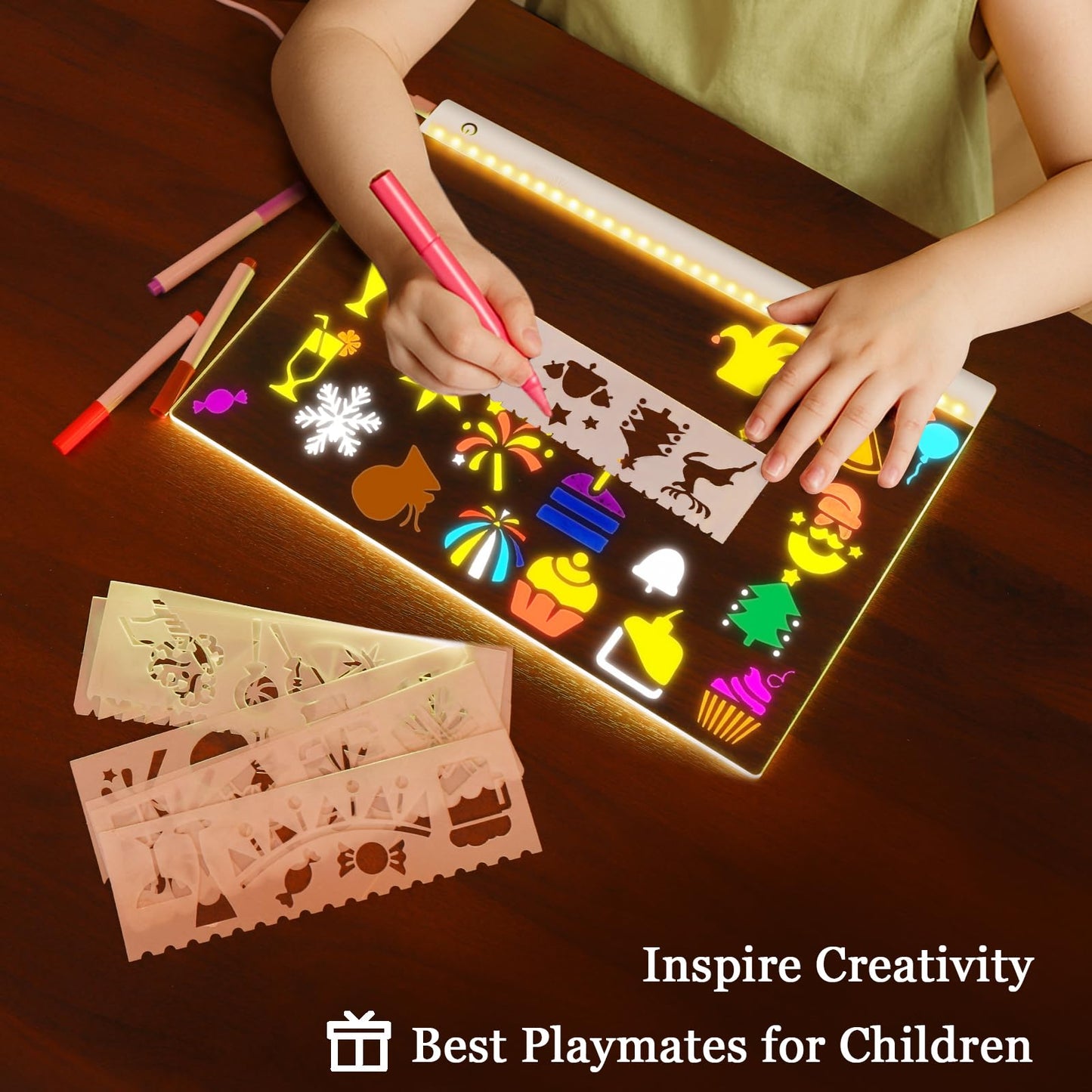 Led Drawing Board for Kids, 16.5IN Light Up Writing Tablet, Doodle Glow Dry Erase Drawing Pad with 11 Light Effects, Birthday Kindergarten Graduation Gifts for Kids Girls Teens, Stencils & 12 Markers