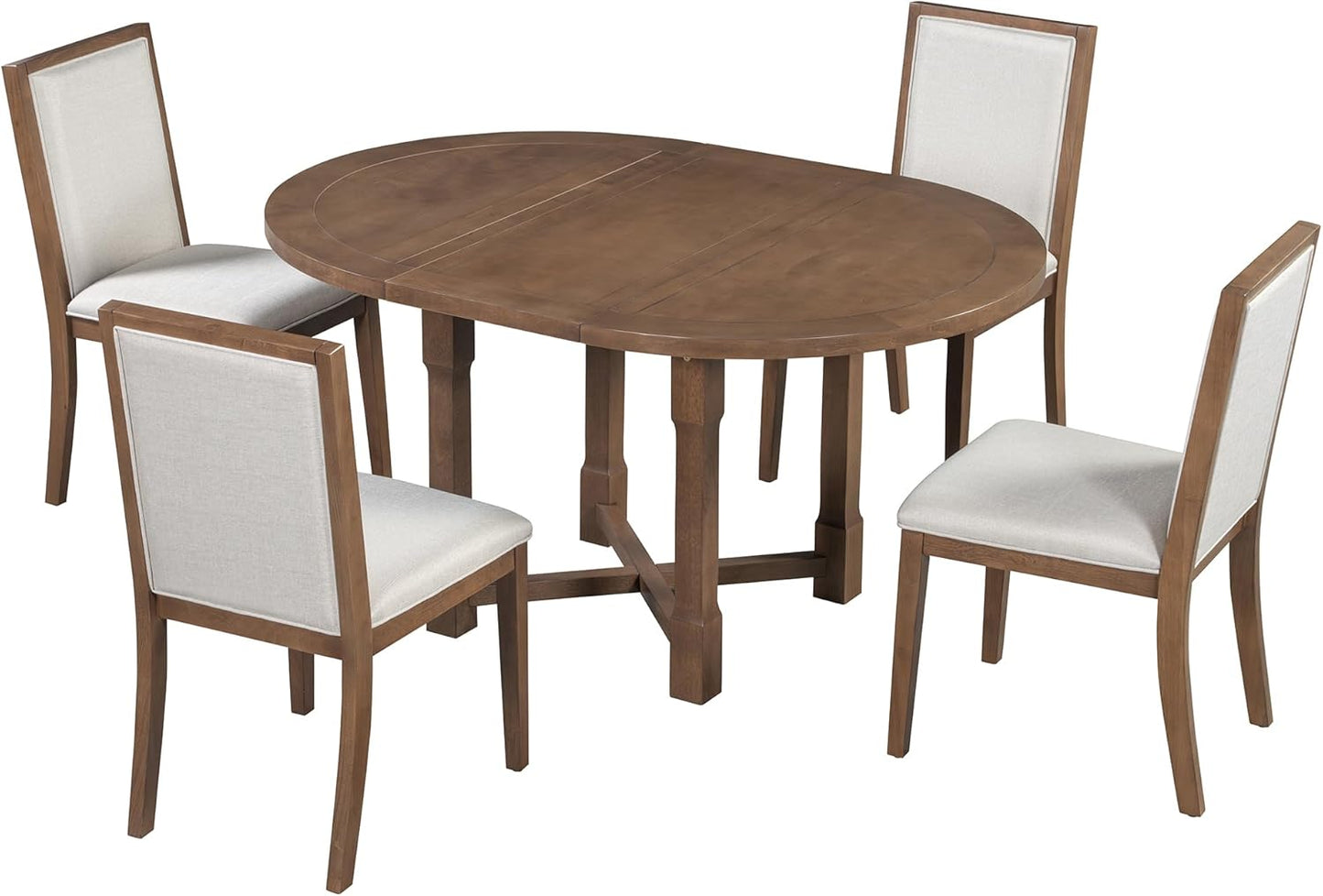 Merax 5-Piece Extendable Dining Table and 4 Upholstered Chairs, Round Oval Dining Table Set for 4, Wood MDF Kitchen Table Set with Removable Leaf for Dining Room, 42" to 58" (Brown)
