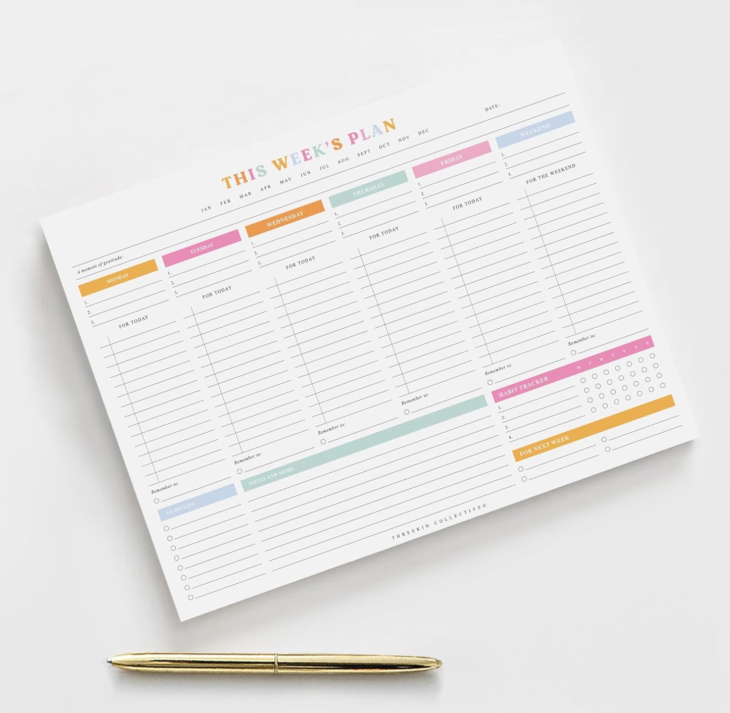ThreeKin Weekly Planner - Premium 52-Sheet Tear-Off Notepad, 8.5 x 11 inches, Clean Colorful Design, Perfect for Work, School, Projects, and Entrepreneurs, Female & USA Owned Business