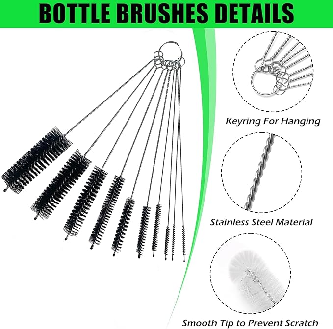 Green Piece® 10-Piece Nylon Pipe Tube Cleaner Set Mini Metal Straw Brushes with Keychain Ring for Bottles, Straws, Glasses, Tubes, Keyboards and More