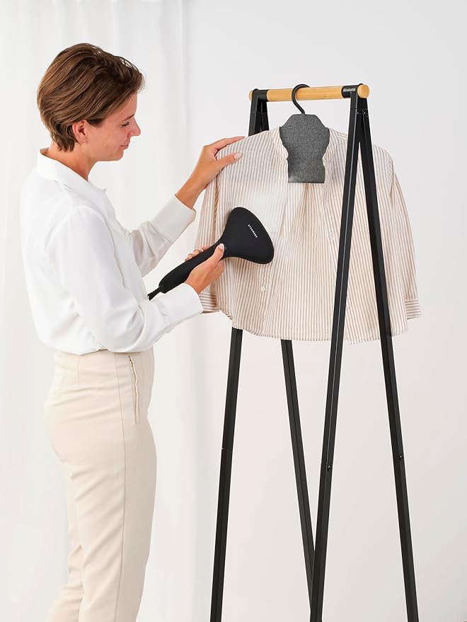 Brabantia - Steam Clothes Hanger - Solid Surface for High-Pressure Steaming on Collars and Shoulders - Quick & Easy Results - Double-Sided Use - Versatile 360° Rotating Hook - Pepper Black
