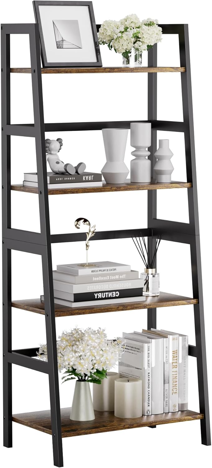 HITNET Ladder Shelf, 4 Tier Bookshelf with Bamboo Frame, Freestanding Bathroom Storage Shelving Unit for Living Room, Home Office, Bedroom, Rustic Brown and Black