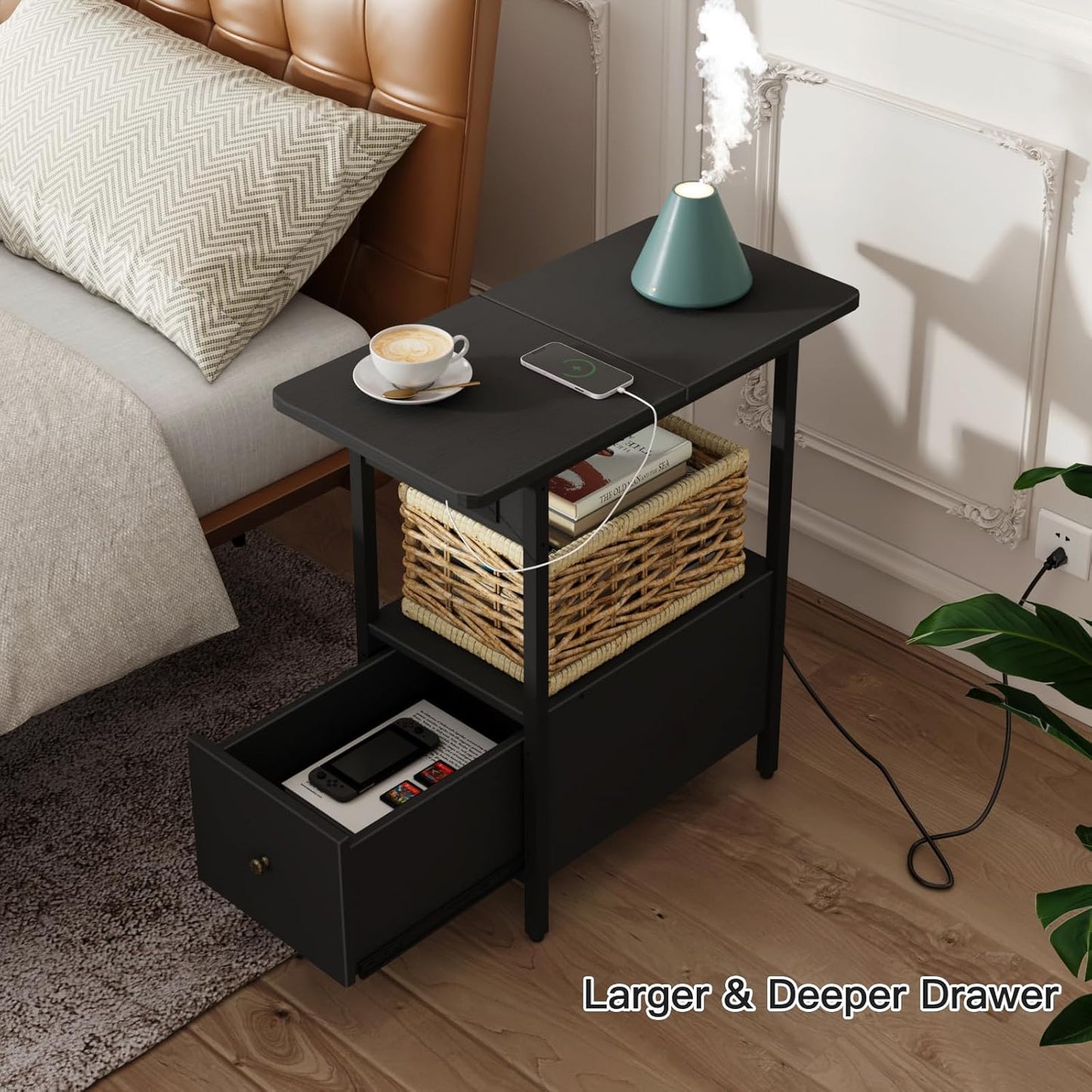 LIDYUK End Table with Charging Station, Narrow Side Table with Drawer and USB Ports & Power Outlets, Nightstand Bedside Tables for Small Spaces, Bedroom, Living Room, Black, Set of 2