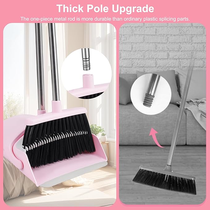 Broom and Dustpan Set, Broom with Dustpan Combo Set for Home 54-in Long Adjustable Handle Dustpan Teeth to Clean Hair for Home Office Kitchen Lobby