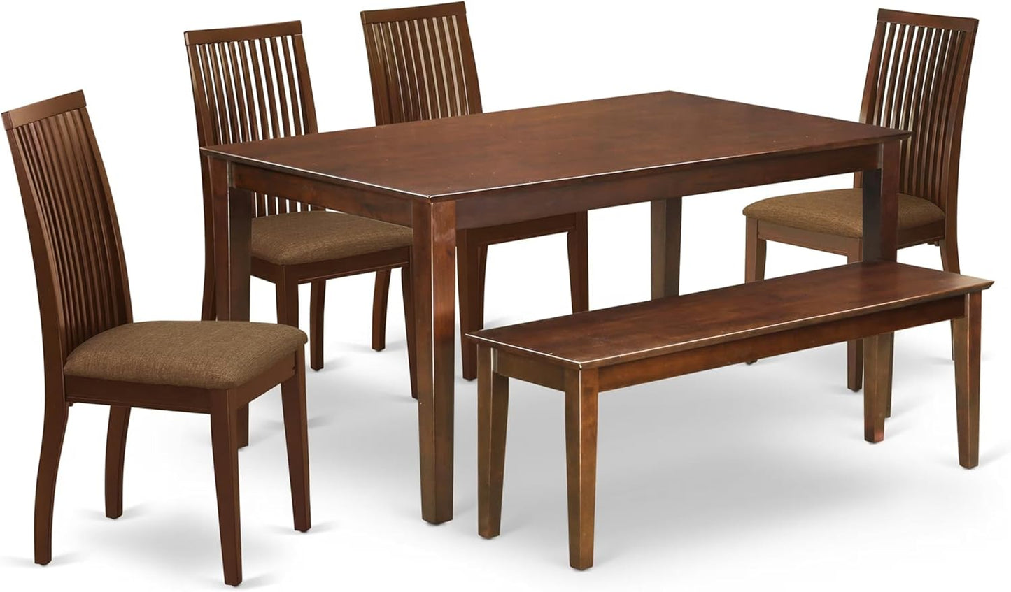 East West Furniture CAIP6-MAH-C 6 Piece Modern Dining Table Set Contains a Rectangle Wooden Table and 4 Linen Fabric Upholstered Chairs with a Bench, 36x60 Inch, Mahogany