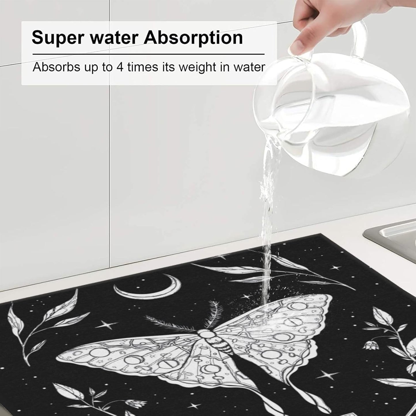 Dish Drying Mat Black White Butterfly Moon Tarot for Kitchen Counter Absorbent Dishes Drainer Microfiber Small 16x18 Inch