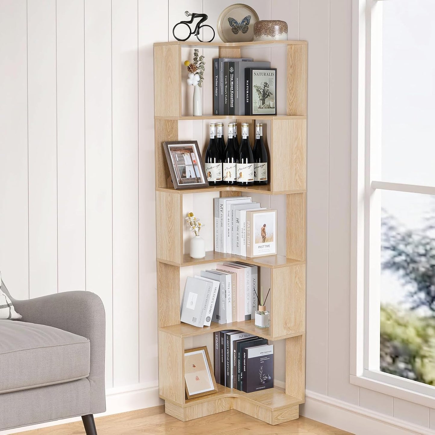 Wooden Corner Bookcase, 5 Tiers Corner Bookshelf 68.9" L-Shaped Storage Display Rack Tall Large Open Bookshelf with Fixture for Living Room Bedroom Study Office