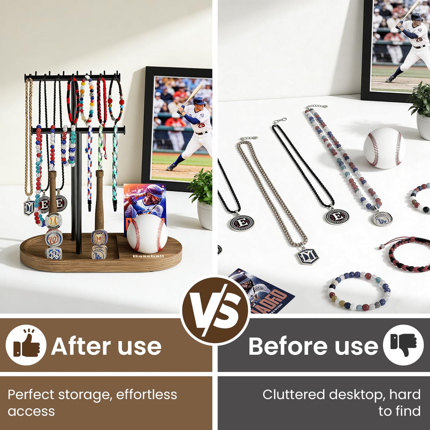 kulusion Baseball Display Case for Ball and Cards, 4-in-1 Necklace Ring Jewelry Stand, Sports Fan Display Organizer Case for MLB Collectibles, Gift for Baseball Lovers(Rustic Wood & Solid Metal)