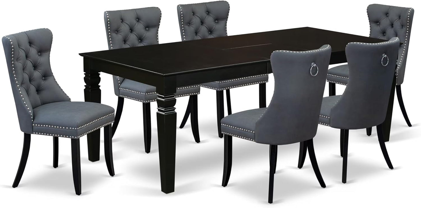 East West Furniture LGDA7-BLK-13 7 Piece Dining Set Includes a Rectangle Kitchen Table with Butterfly Leaf and 6 Polyester Fabric Upholstered Chairs, 42x84 Inch, Black