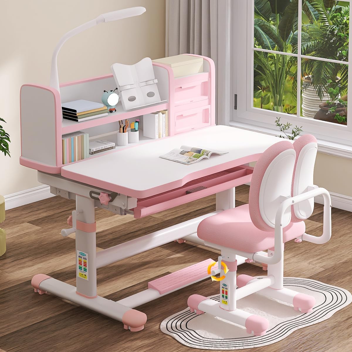 Kids Study Desk and Chair Set 3-18 Years Kids Desk and Chair Set Ergonomic Height Adjustable Children School Study Desk with Tilt Desktop, Drawer Boy and Girl Table and Chair Set