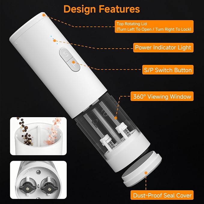 Electric Salt and Pepper Grinder Set Shakers 2 IN 1-Rechargeable Automatic Pepper Mill,with LED Lighting,Adjustable Grinder,Large Capacity-Ideal for Kitchen,BBQ,Ideal Kitchen Gifts (White)