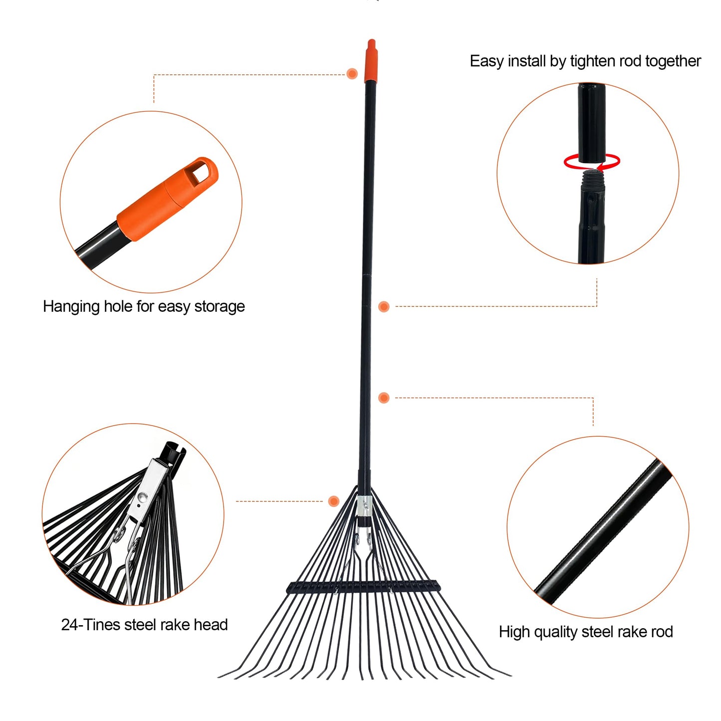 LA ZINNIA Rake for Leaves,22.8" Wide Gardening Leaf Rake for Lawns,22 Metal Tines with 33-67" Adjustable Handle Rakes for Lawns Yard Grass Flower Beds