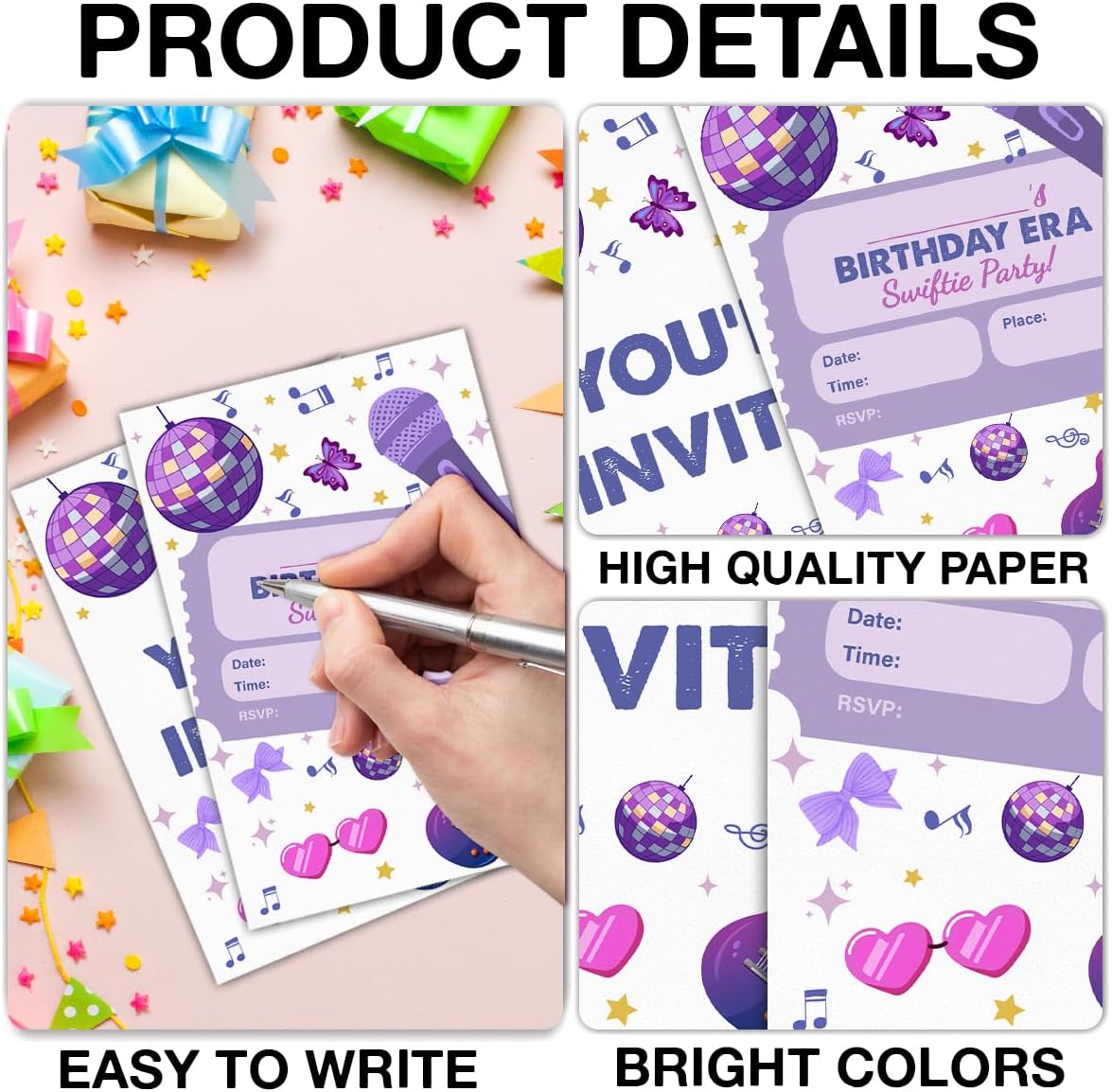 Music Singer Birthday Invitations for Teen Girls, In My Birthday Era Disco Theme Birthday Party Fill in Invites Cards With Envelopes (20 Count), Double Sided Design