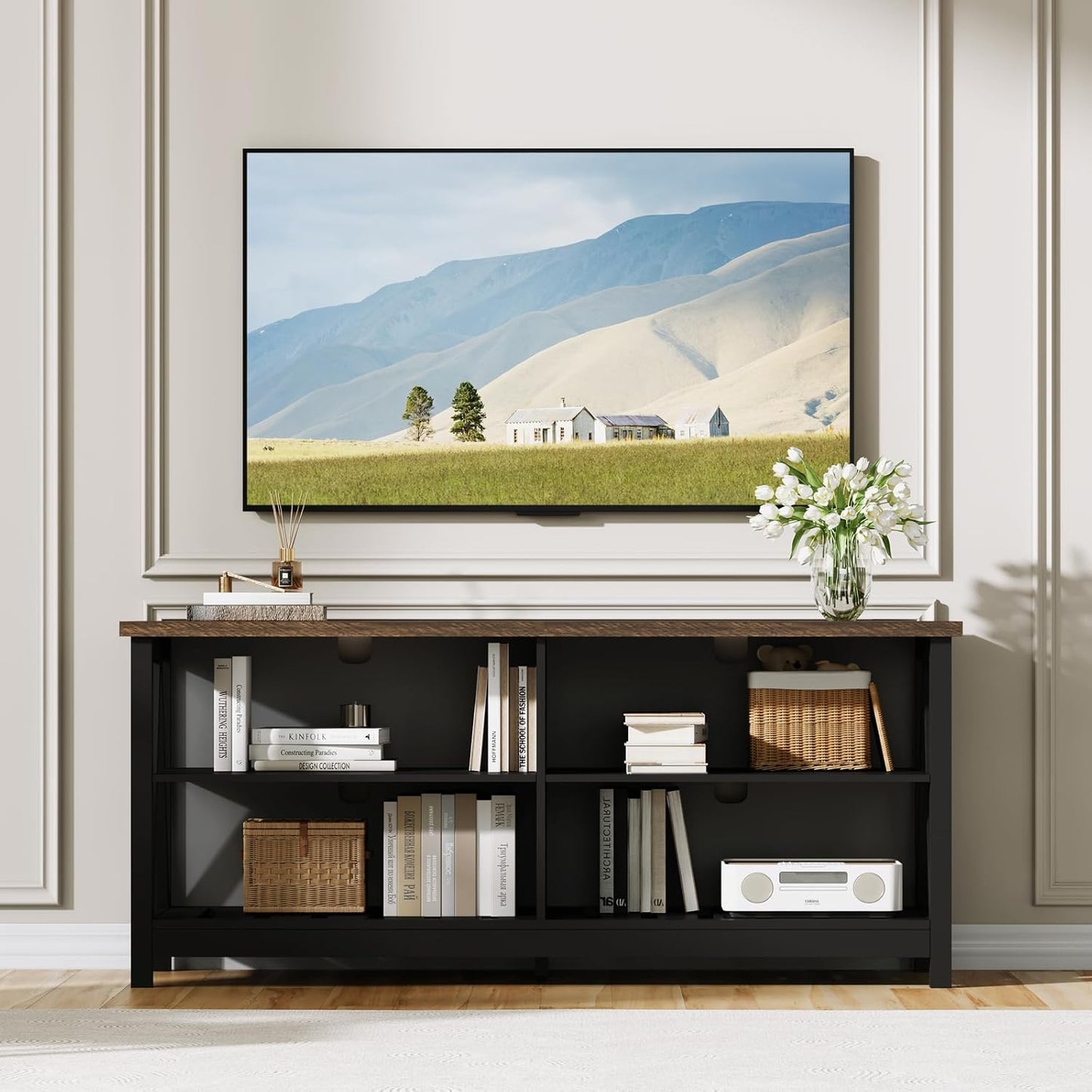 ChooChoo Farmhouse TV Stand for TVs up to 55 Inch, Modern Entertainment Center with 4 Open Shelves & Built-in Cable Holes, Media TV Console for Living Room, Bedroom, Black
