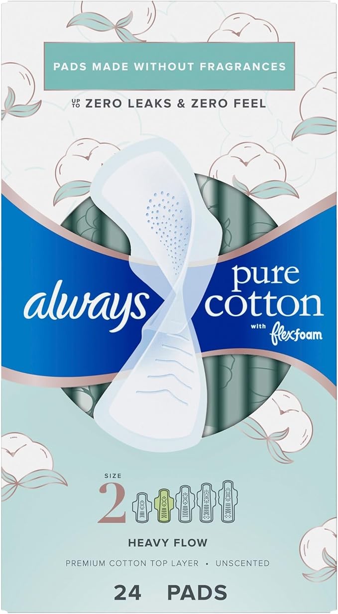Always Pure Cotton Feminine Pads for Women, FlexFoam Pads with Wings, Size 2, Heavy Absorbency, Unscented, 72 Count (3 Packs of 24)