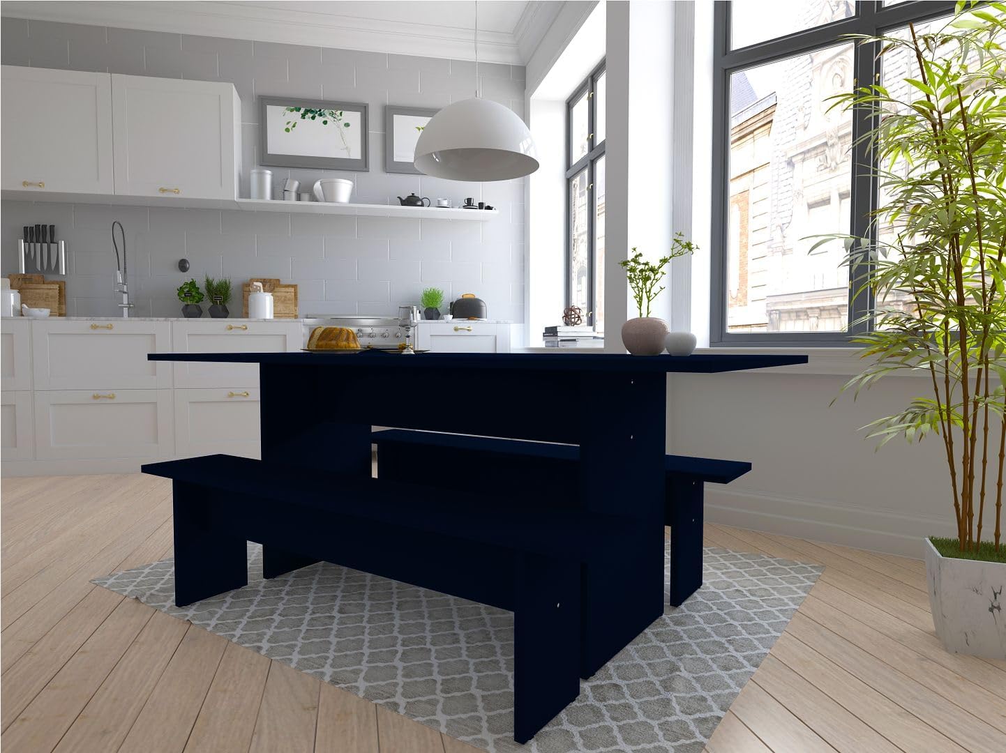 Manhattan Comfort Nomad 3 Piece Dining Set for 6 with Modern Kitchen Table and 2 Benches, Farmhouse Furniture with Rustic Wood Grain Finish, Pedestal Base, Easy Assembly, Midnight Blue