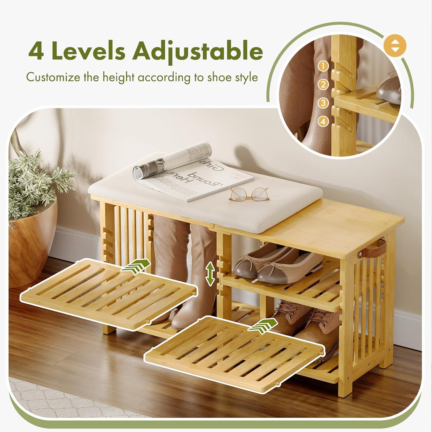 Amazer Bamboo Shoe Rack Bench, 3-Tier Shoe Bench Height Adjustable, Entry Bench with Side Storage Strap, Shoes Organizer Storage Bench, Shoe Shelf with Seat Cushion for Entryway, Living Room, Hallway