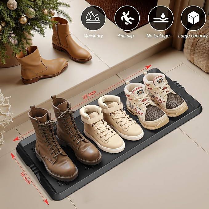 Azadx Rubber Boot Tray, Shoe Trays for Entryway, Versatile Boot Mat Tray with Raised Edge, Rubber Door Mat for Outdoor Doormats, 16x32 Inch 2 Pack