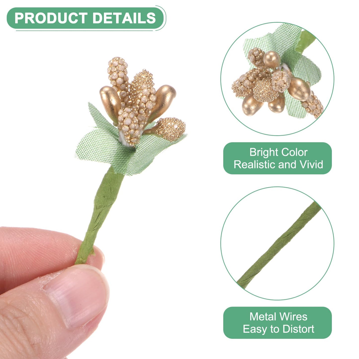 M METERXITY 144-Pack Artificial Flower Stamen Kit, Mini Frosted Holly Berry Stems for Wedding Decor, Flower Stamens for Craft DIY Wreaths/Birthday/Flower Arrangements Decorations [Gold]