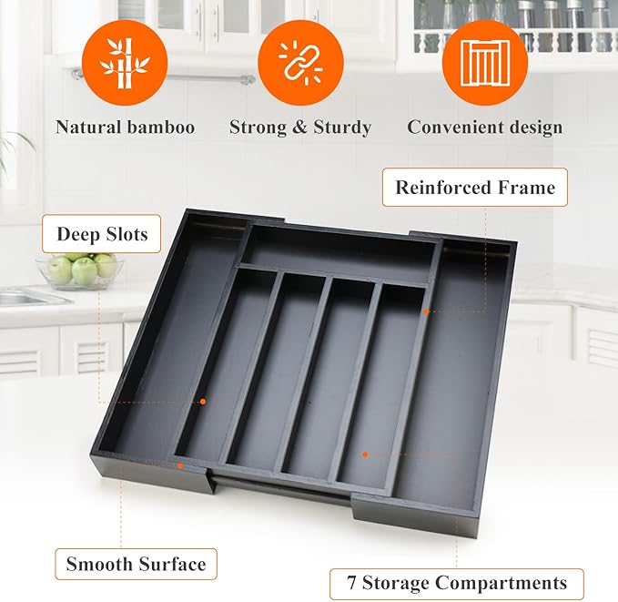Black Bamboo Kitchen Silverware Organizer Tray Expandable Large Utensil Holder Drawer Divider Organizers Storage Adjustable Cutlery Utensil Tray Spoon Holder Wooden Flatware Organizer for Drawer