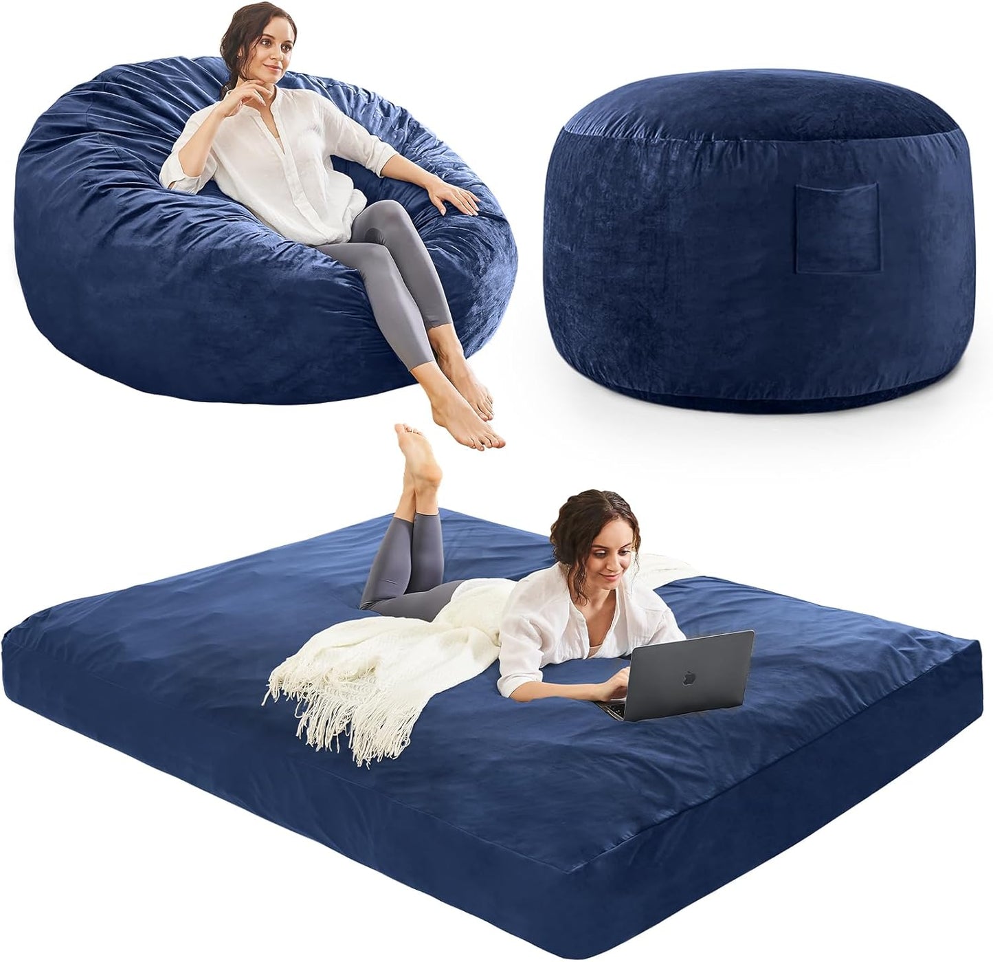Bean Bag Chairs for Adults - Giant Bean Bag Chair Convertible Bean Bag Bed - Beanbag Chair with Micro Fiber Cover/Furniture Foam Filler - Floor Couch Sofa in Bedroom Dorm Room - Queen Navy Blue