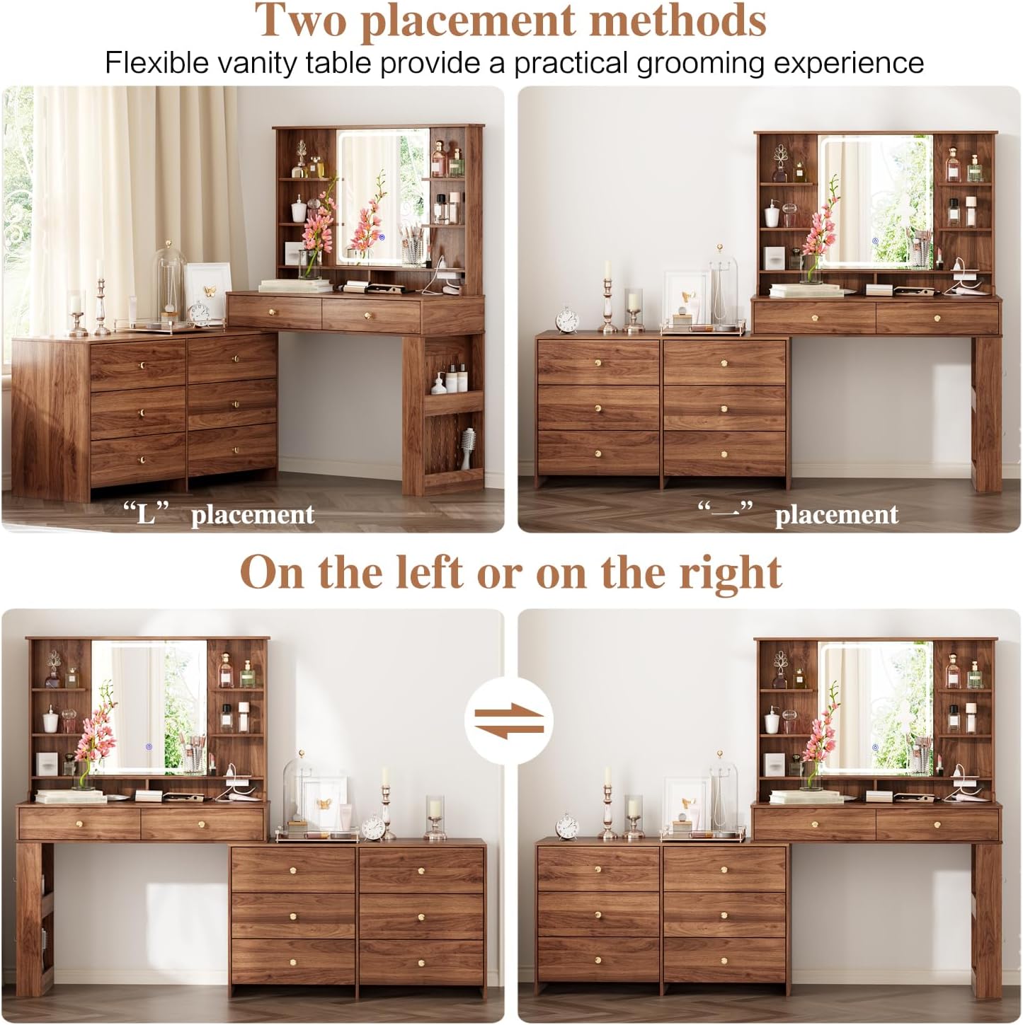 Makeup Vanity Desk with Mirror and Lights, Vanity Desk with 8 Drawers & Storage Shelves, Vanity Table with Power Outlet, 3 Color Modes & Adjustable Brightness Dressing Table, Bedroom,Brown