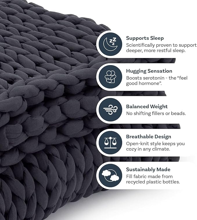 Nuzzie Chunky Knit Weighted Blanket - Breathable, Cooling, Hand Made Knit Throw Blanket for Sleep - Machine Washable, Stylish Design (Charcoal, Queen | 22lbs | 60"x80")