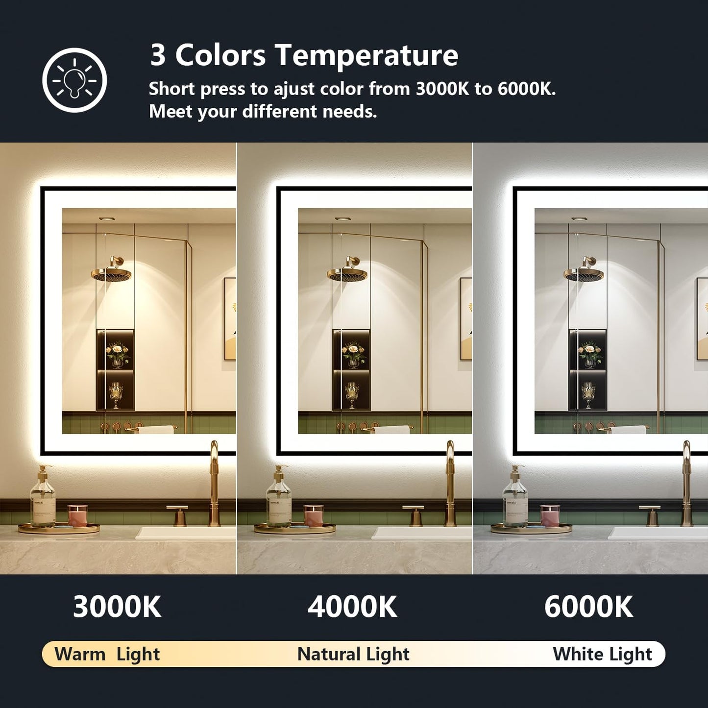 24x30 Inch LED Bathroom Mirror with Lights (Front Lit and Backlit) Black Framed Lighted Vanity Mirror for Bathroom Wall Dimmable Anti-Fog Memory Tempered Glass Horizontal/Vertical