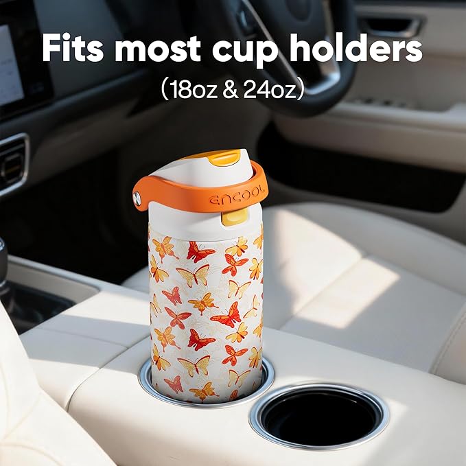 ENCOOL Leakproof Insulated Water Bottle with Straw Dual-Sip Water Bottle Bag-Safe Design for Work, Commute & Gym – Keeps Drinks Cold All Day, 32 oz, Sunset Butterflies