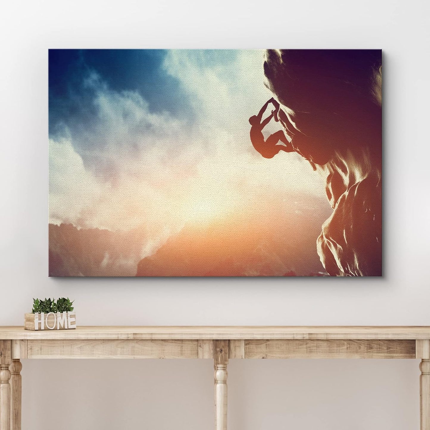 Canvas Prints Wall Art - Man Climbing on Rock Mountain at Sunset/Art of Ambition | Modern Home Deoration/Wall Art Giclee Printing Wrapped Canvas Art Ready to Hang - 32" x 48"