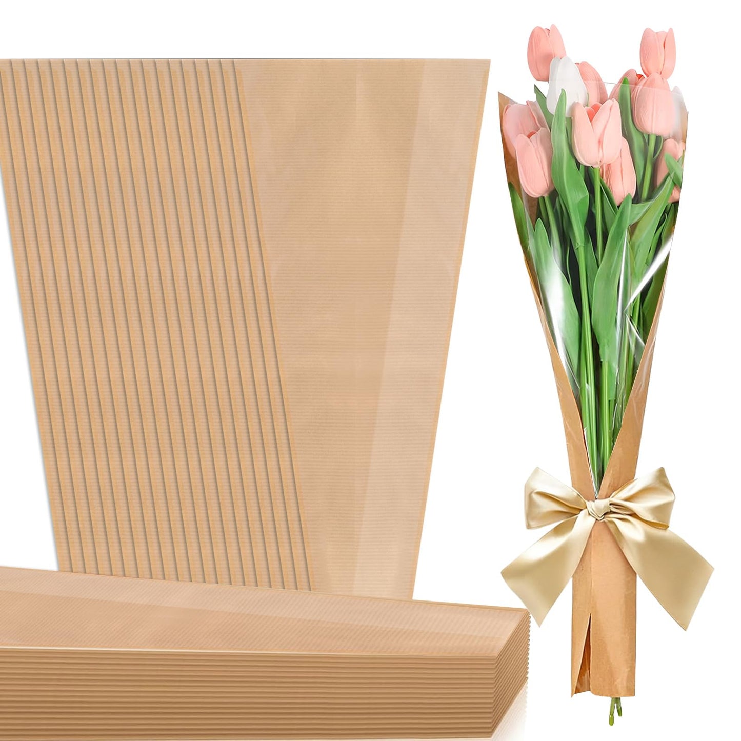 PIKBIU 50PCS Flower Bags for Bouquets Kraft Paper Flower Sleeves Wrapping Paper Clear Front Floral Bags Florist Wrap Supplies 24.8 x 8.7 Inches