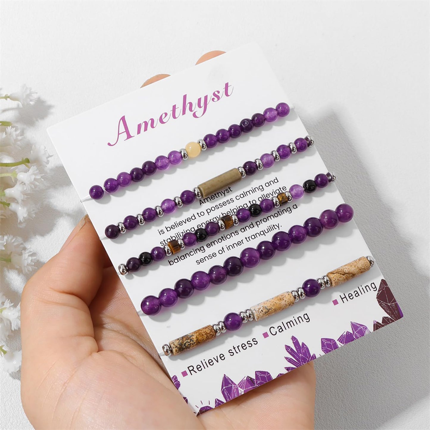 5Pcs Amethyst Bracelet for Women 4mm Amethyst Crystal Bracelet Stackable Beaded Bracelets Gemstone Bracelets Purple Beaded Bracelet Stretch Bracelets Amethyst Jewelry for Women