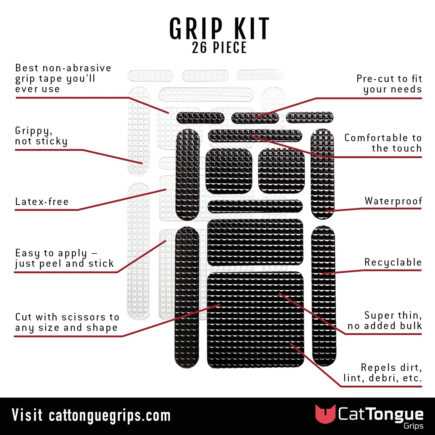 Cattongue Grips Non-Abrasive Grip Tape Strips - Heavy-Duty, Pre-Cut Anti-Slip Tape For Phones, Tablets, Crafting & More - Indoor