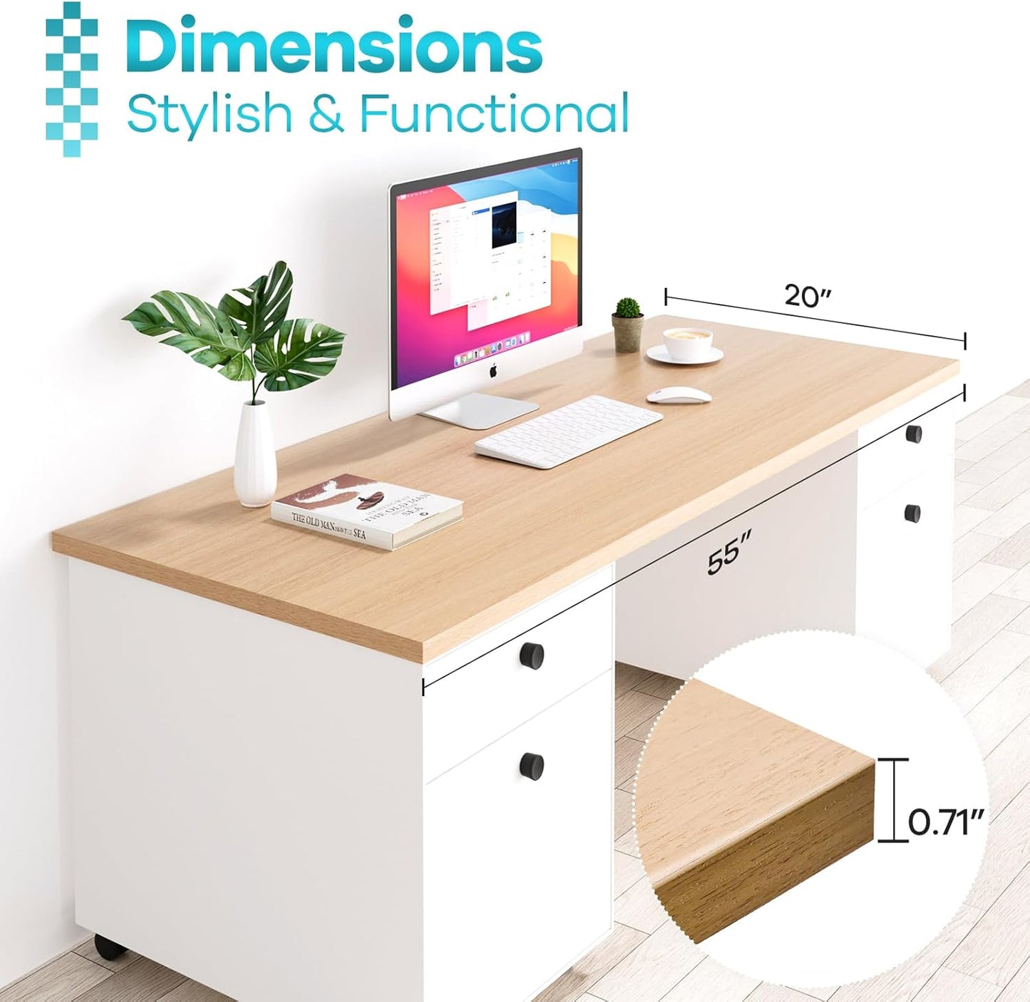 Kaboon Universal Tabletop 55"x20", Solid One-Piece Melamine Table Top, Double Desk L-Desk DIY, Home and Office, Light Walnut