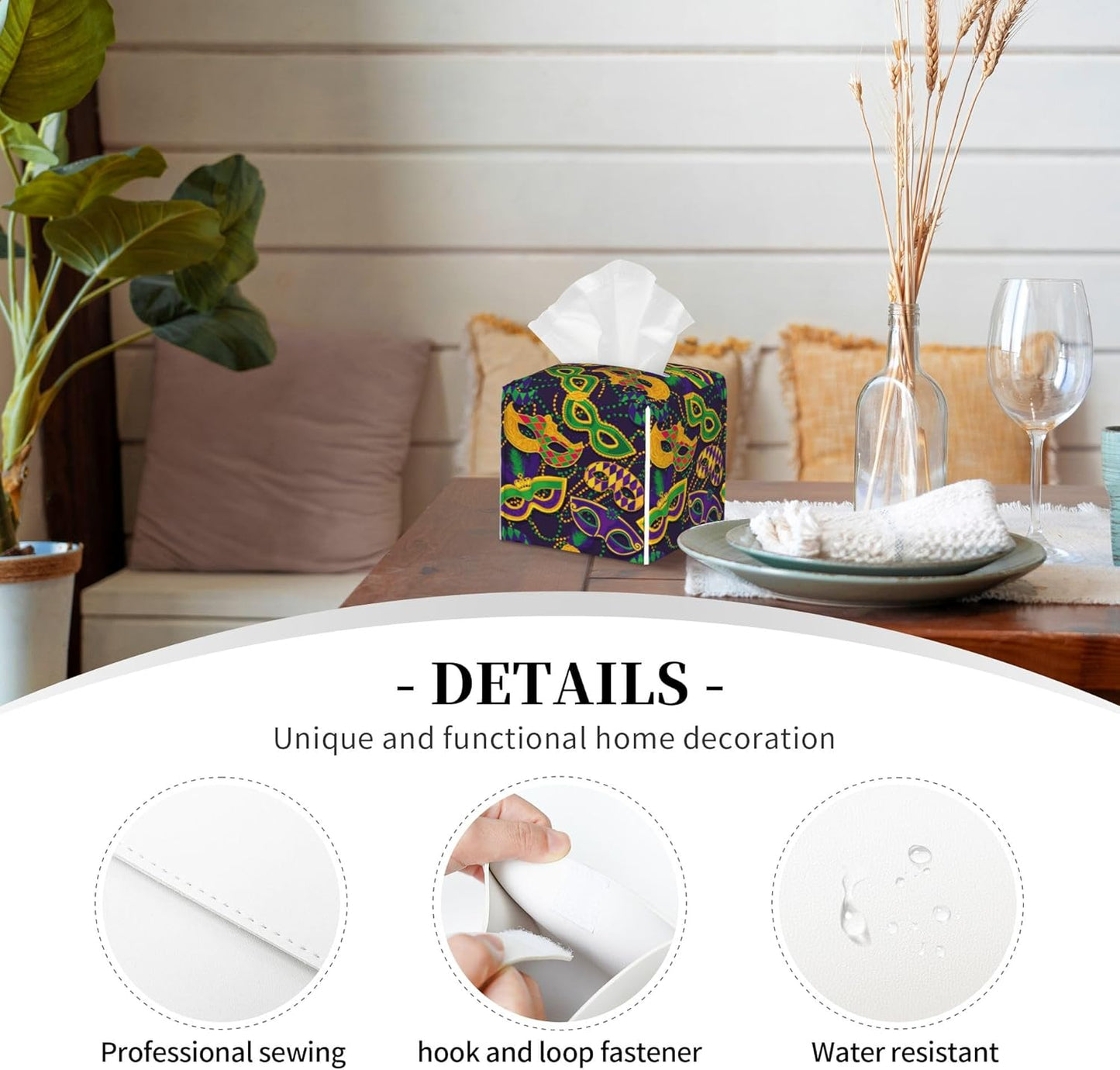 Tissue Box Cover Holder, Colorful Mardi Gras Masks PU Leather Square Tissue Box Cover Decorative Organizer for Bathroom Kitchen Bedroom Vanity Countertop Night Stands