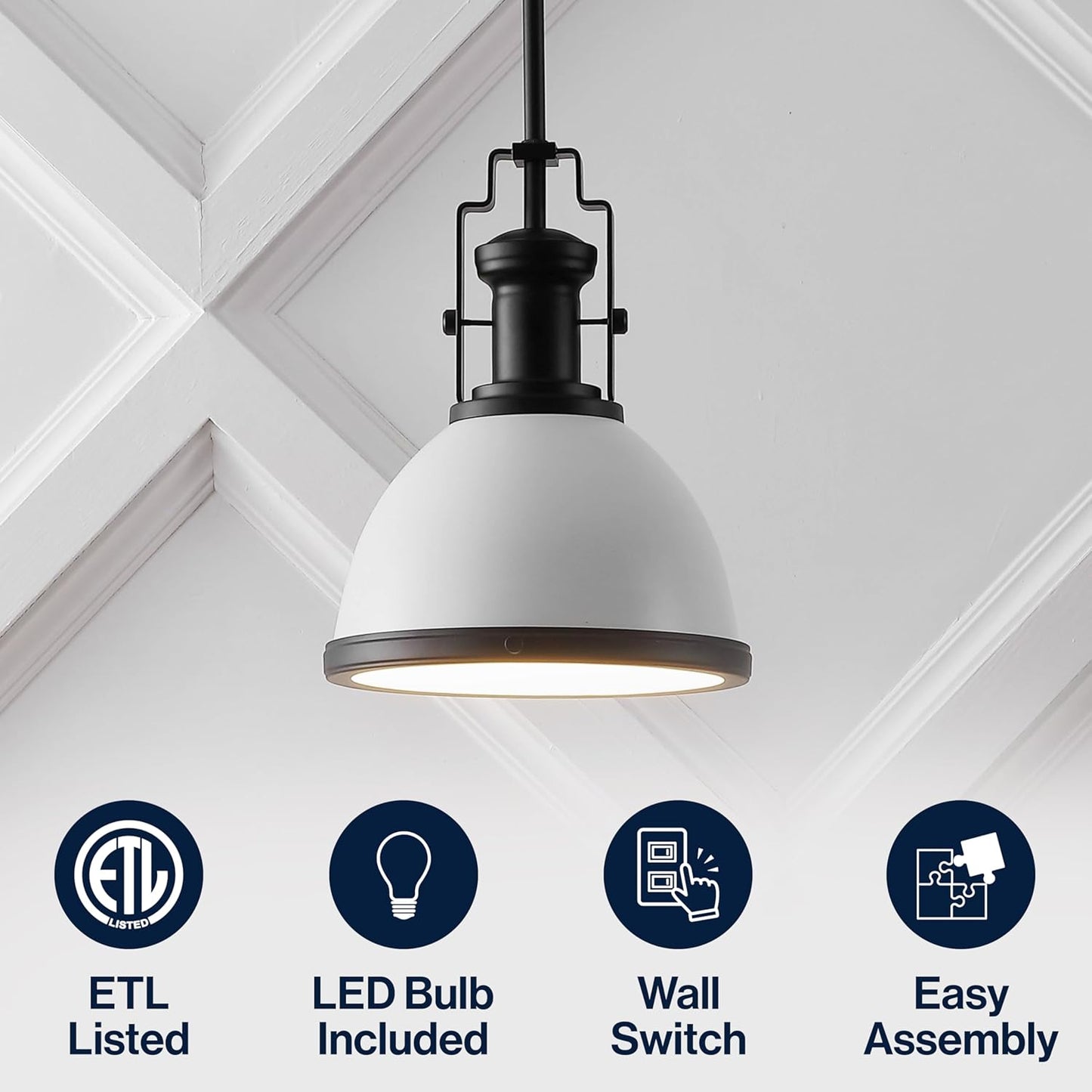 JONATHAN Y JYL9535E Homer 10" 1-Light Modern Industrial Iron LED Dome Pendant, Bohemian, Classic, Cottage, Farmhouse, Industrial, Rustic, Transitional, Dining Room, Kitchen, Foyer, White/Matte Black