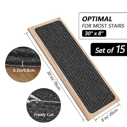 Non-Slip Stair Treads, 7.8" X 30" (15-Pack) Stair Runner Indoor Outdoor Mat, Grey Slip Resistant Stair Tread Mats Step Covers Pads for Elders, Kids and Pets (30" x 7.8", Grey)