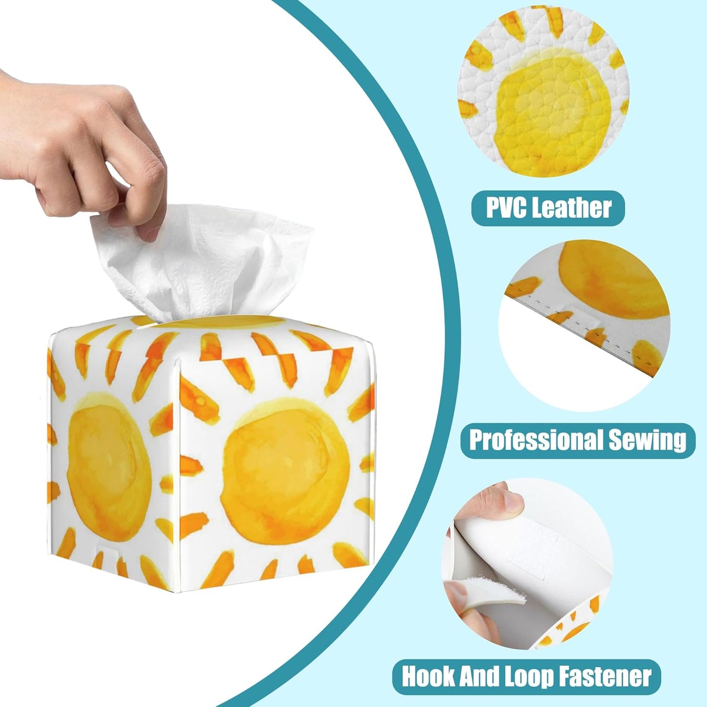 Watercolor Sun Tissue Box Cover Square,Sunlights Leather Tissue Holder,Waterproof Leather Facial Paper Organizer Tissue Box Cover for Home Office Bathroom Vanity Countertop,5.2" x 5.2" x 5.2"