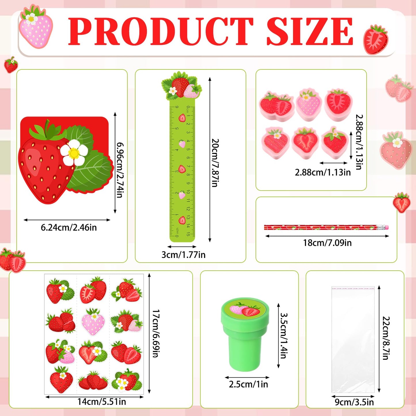 Cholemy 168 Pcs Strawberry Party Favors Supplies Stationery Set Notebook Sticker Stamper Eraser Ruler Pencil Bag for Strawberry Baby Shower Birthday Party Gift Classroom Prize