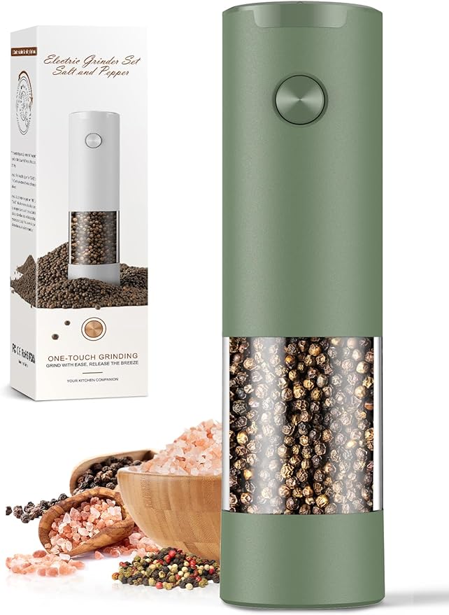 Salt and Pepper Grinder Set Mom Christmas Gifts, Electric Automatic Green Salt Pepper Shakers Home Kitchen Gadgets for New Home, Adjustable Coarseness Pepper Grinder Kitchen Appliances