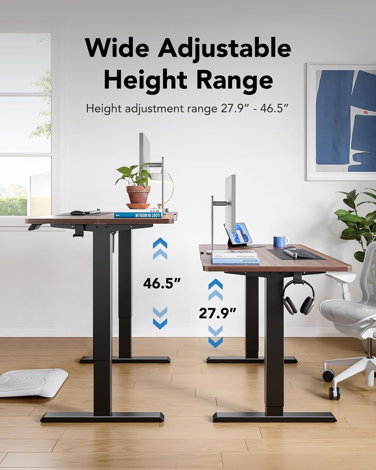 HUANUO 63" x 28" Electric Standing Desk Adjustable Height, 4 Memory Height Settings, Headphone Hook, Cable Manager, Sit Stand Up Desk for Home Office & Computer Workstation, Walnut