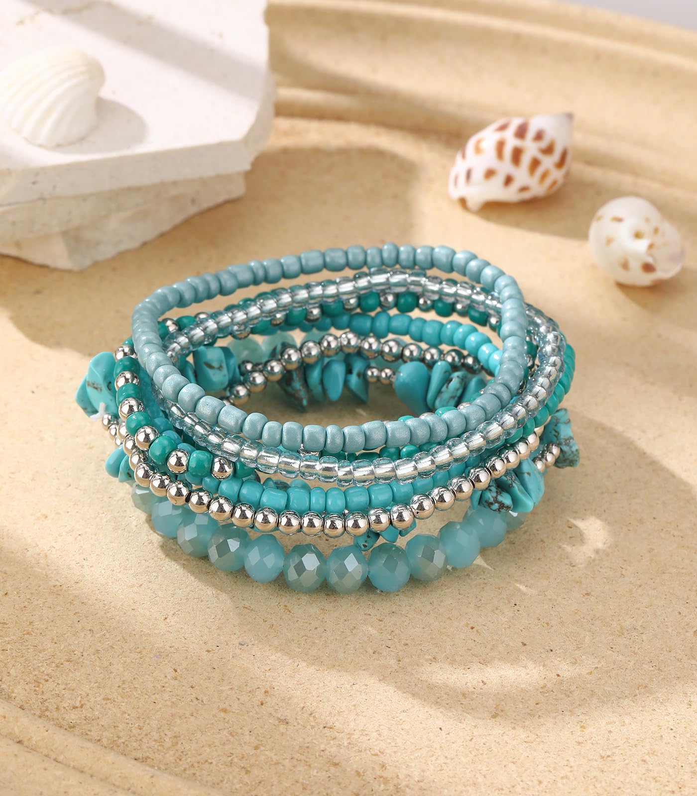 Noessla Boho Beaded Bracelets for Women Stackable Irregular Natural Stone Bead Stretch Bracelet Set 8PCS Costume Jewelry Gifts for Her(Turquoise)