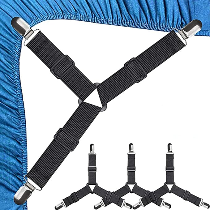 4 Pack Bed Sheet Holder Straps, Fitted Bed Sheet Holders for Corners, Elastic Adjustable Bed Sheet Fastener Triangle Bed Sheet Corner Holders Clips (Black)