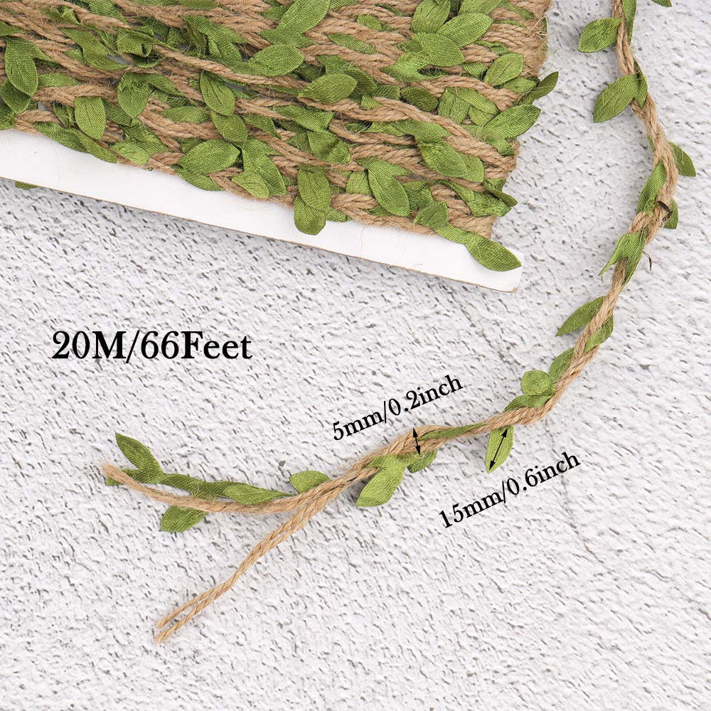 66 Feet Burlap Leaf Ribbon with Artificial Vine Green Leaves, NOGAMOGA Natural Jute Twine for DIY Crafts, Wedding Decoration, Home, Garden Artworks and Craftsneeds