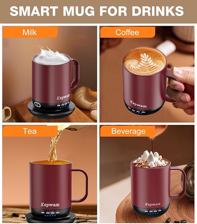 Kepwam Self Heating Coffee Mug T1-16oz Fast Heating & Ultra Long-Lasting Battery Life, Heated Coffee Mug Up to 149℉ - Touch & App Controlled Coffee Mug, Birthday Gifts for Women and Men